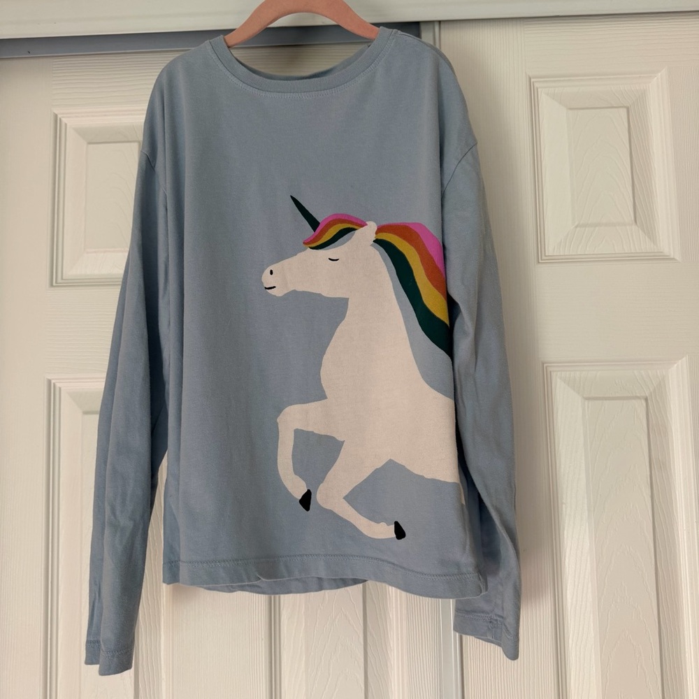 Hanna Anderson 100% Cotton Blue Unicorn Kids Long Sleeve Shirt Size 10